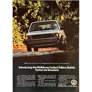 VW Wolfsburg Limited Edition Rabbit "Extras are Standard" Vintage Print Ad 1983